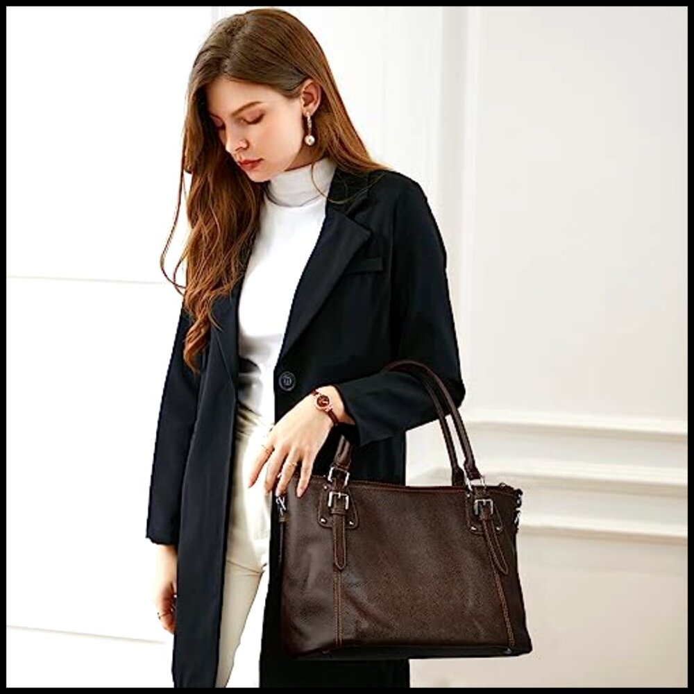 Genuine Leather Tote Shoulder Bag with Adjustable Strap, Medium Size - Picture 2 of 7